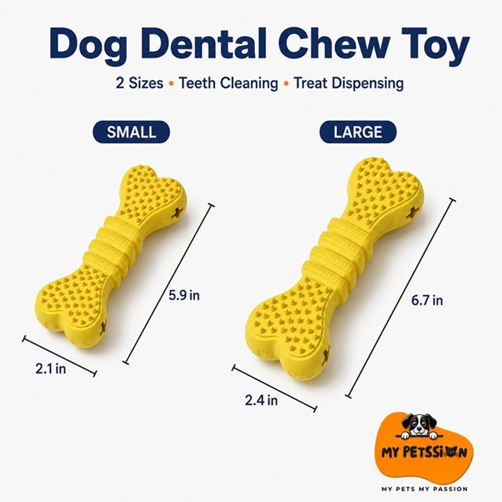 Yellow dental chew toys for dogs in small and large sizes with treat-dispensing design and textured surface for teeth cleanin