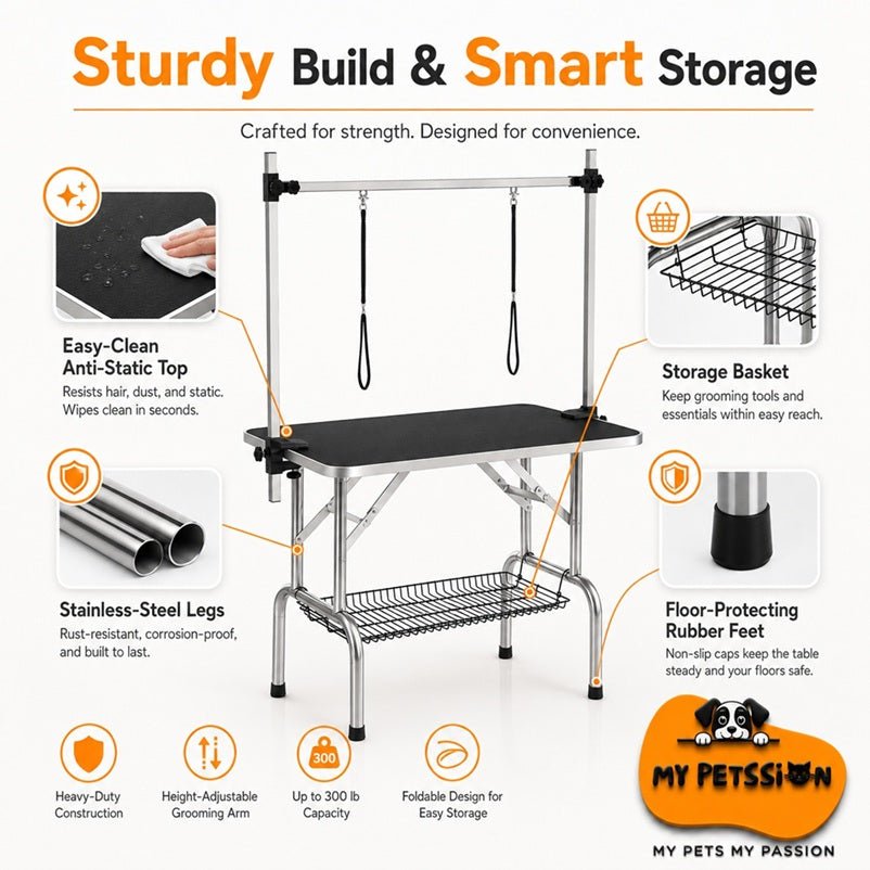 36-inch dog grooming table with stainless-steel frame, black non-slip top, adjustable arm, storage basket, and labeled featur
