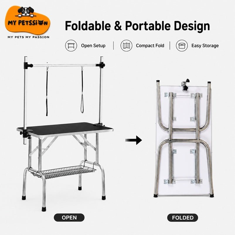36-inch professional dog grooming table in open and folded positions, featuring non-slip tabletop, adjustable grooming arm, a