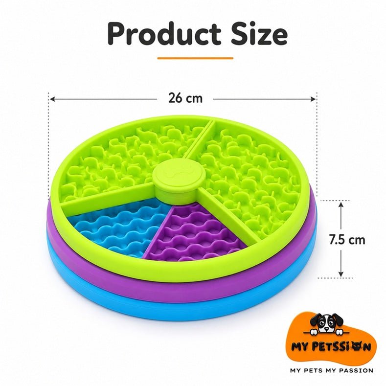 Interactive dog puzzle feeder with three colored sections and rotating maze design for slow feeding and enrichment.