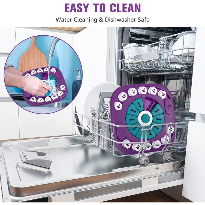Purple dog puzzle toy with 24 treat holes being cleaned in dishwasher, dishwasher safe interactive feeder toy.