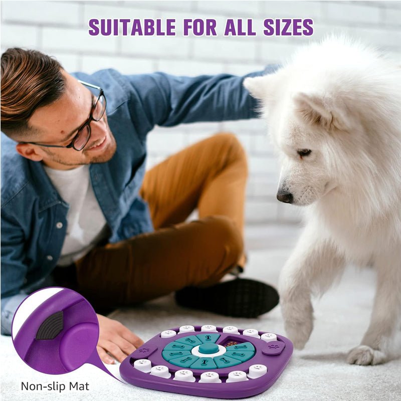 Dog puzzle toy with non-slip mat demonstrated by man and white dog, suitable for all sizes