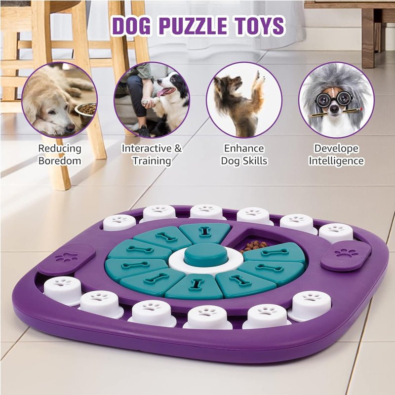 Purple dog puzzle toy with 24 treat holes and sliding mechanisms for mental stimulation and slow feeding.