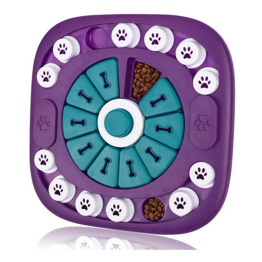 Purple dog puzzle toy with 24 treat holes, rotating wheel, and paw print buttons for interactive feeding and mental enrichmen
