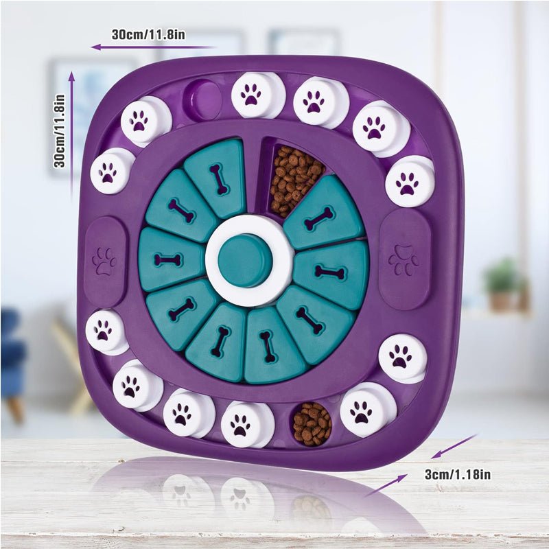 Purple dog puzzle toy with 24 treat holes, interactive slow feeder game with rotating wheel and sliding buttons.