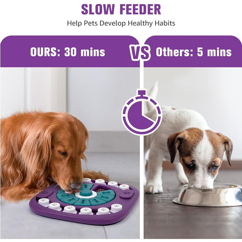 Dog puzzle toy slow feeder comparison - interactive treat game extends mealtime to 30 minutes vs regular bowl at 5 minutes