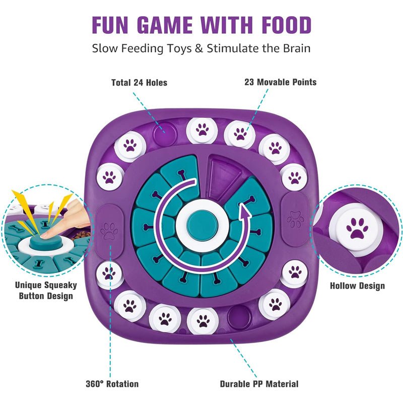 Purple dog puzzle toy with 24 holes, movable sliders, and rotating center for interactive treat dispensing and mental stimula