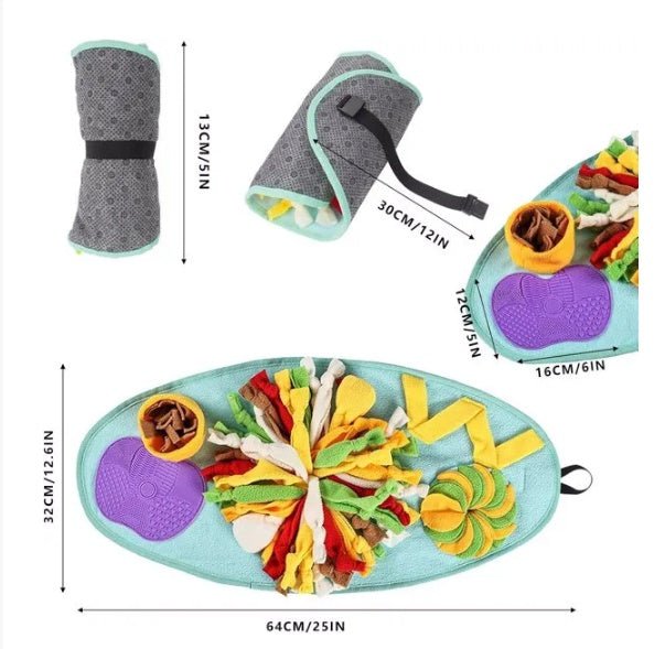 Dog snuffle pad foraging mat turquoise with fabric strips, carrying case included