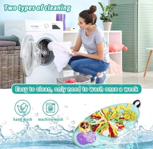 Dog snuffle pad with hand wash and machine wash care instructions, easy-clean interactive foraging toy for small dogs.