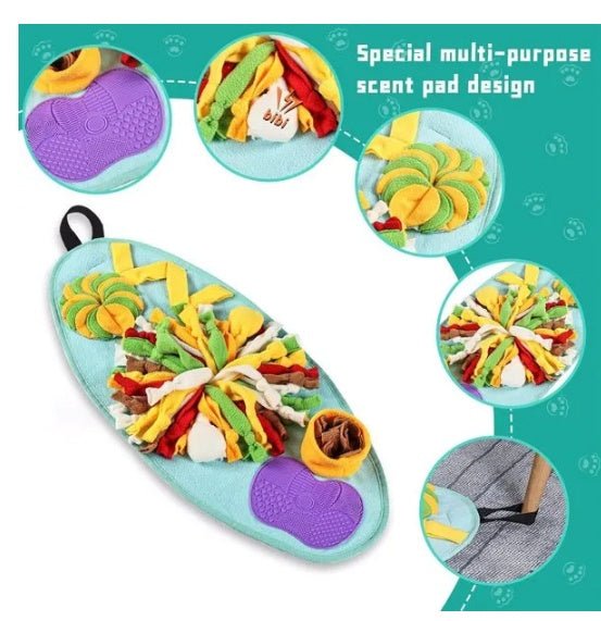 Dog snuffle pad with colorful fabric strips and textured scent pads for interactive foraging and slow feeding.