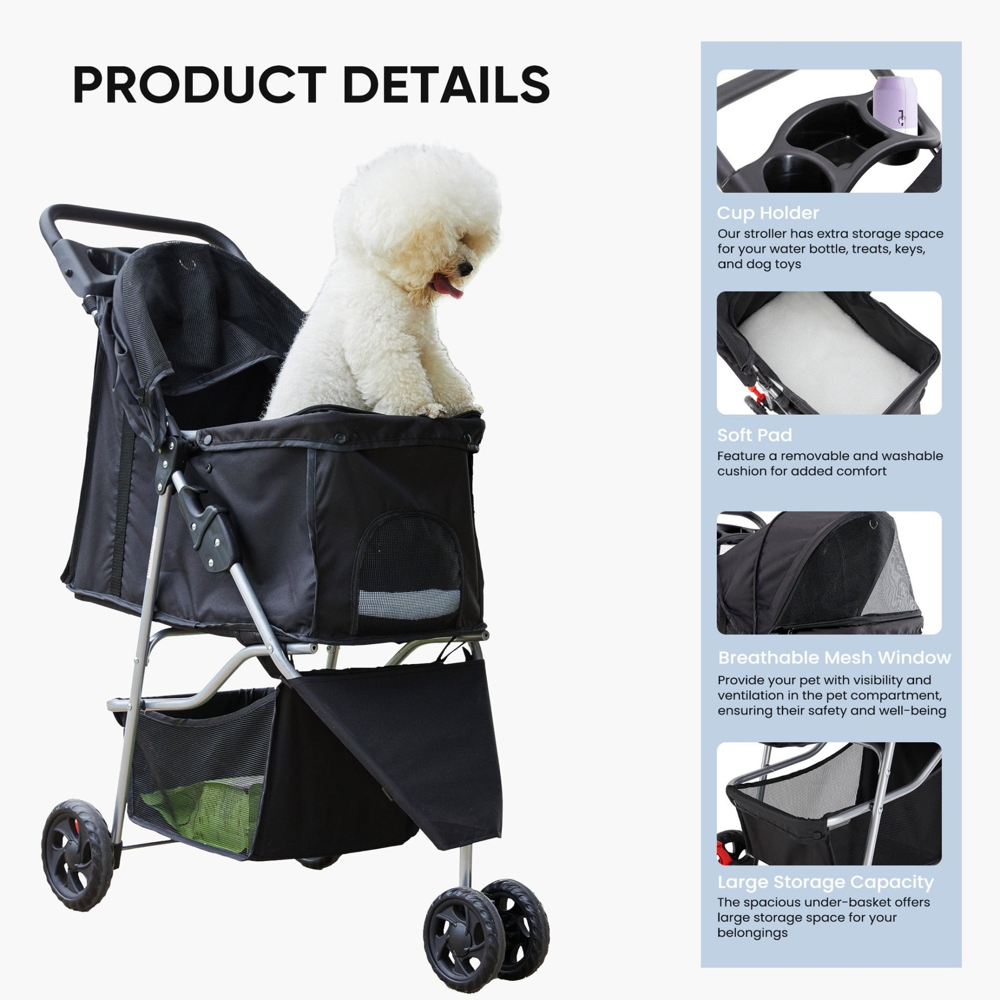 Foldable dog stroller with white poodle, cup holder, soft pad, mesh window, storage basket