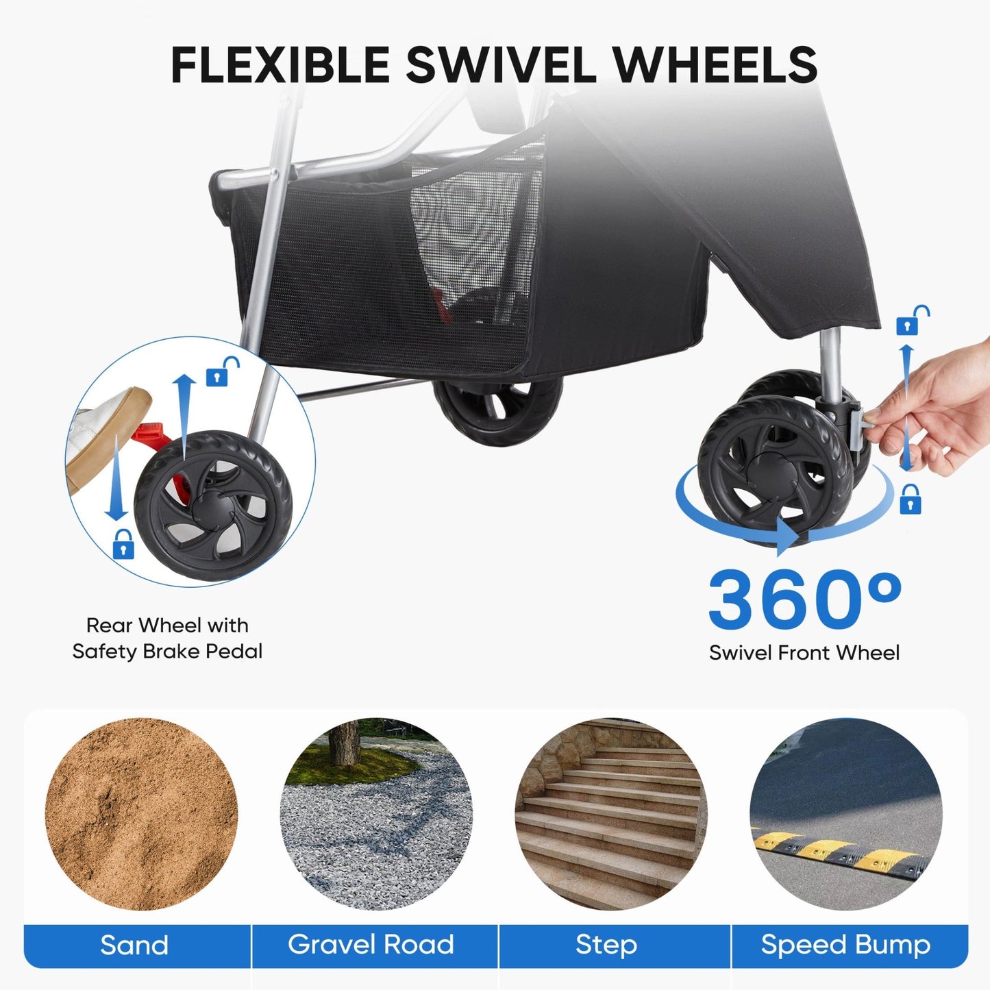 Dog stroller flexible swivel wheels with 360° front wheel rotation and safety brake for sand, gravel, stairs, and speed bumps