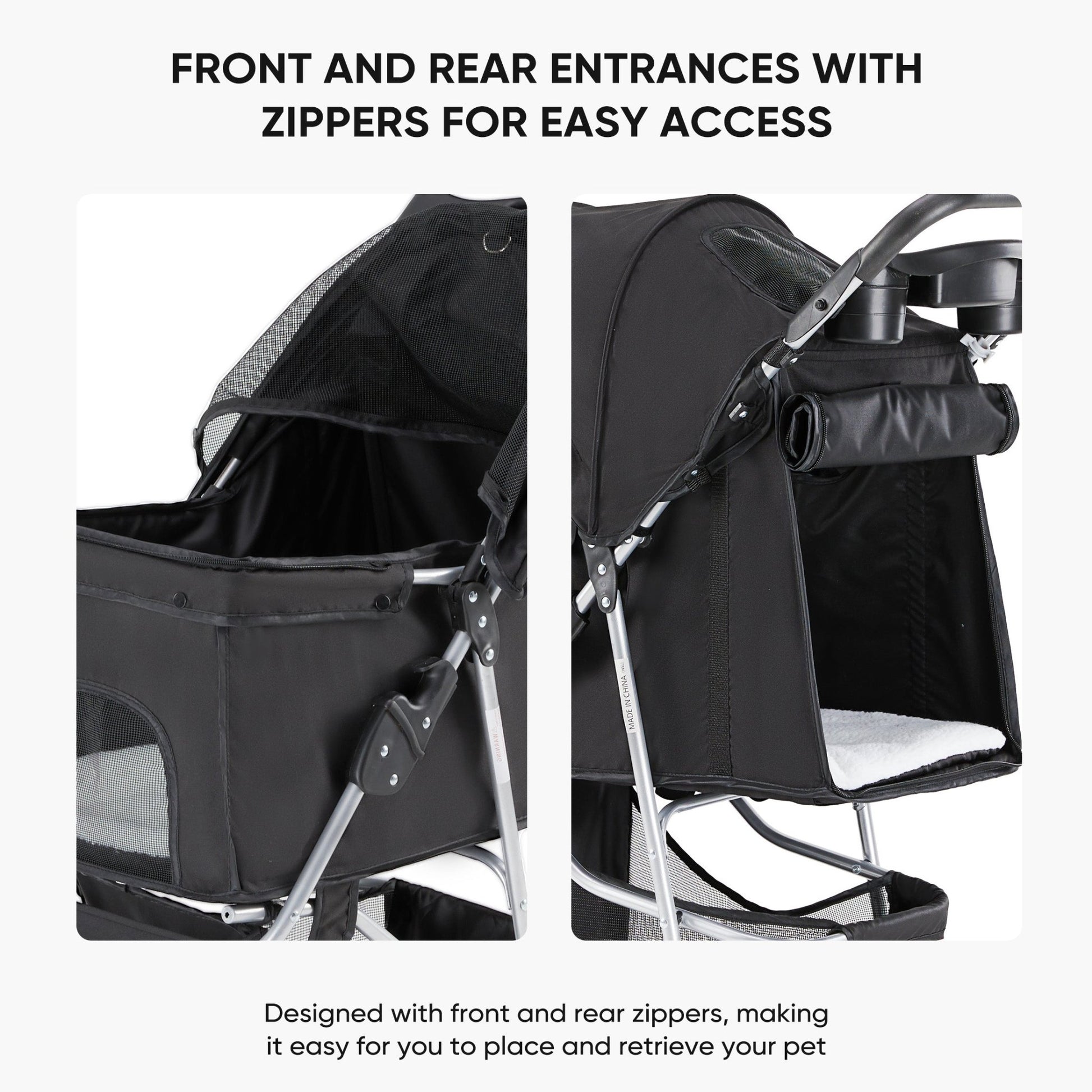 Black dog stroller with front and rear zippered entrances for easy pet access and ventilation.