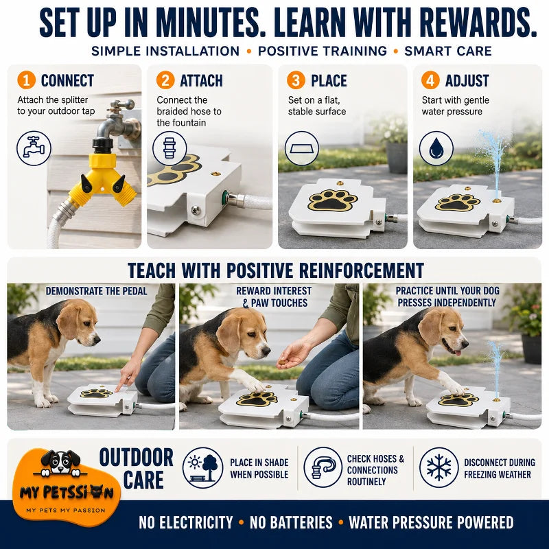 Two-way garden-hose splitter with adjustable valves for controlling the dog fountain’s water pressure while keeping a second outlet available.