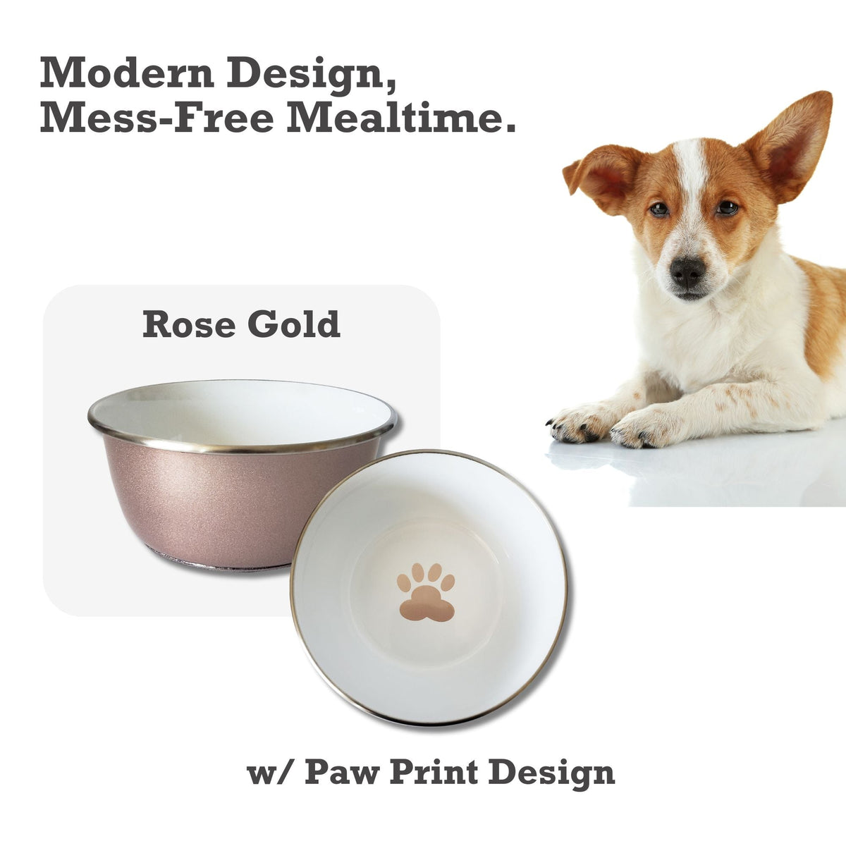 Rose Gold Paw Print Deep Stainless Steel Dog Bowl