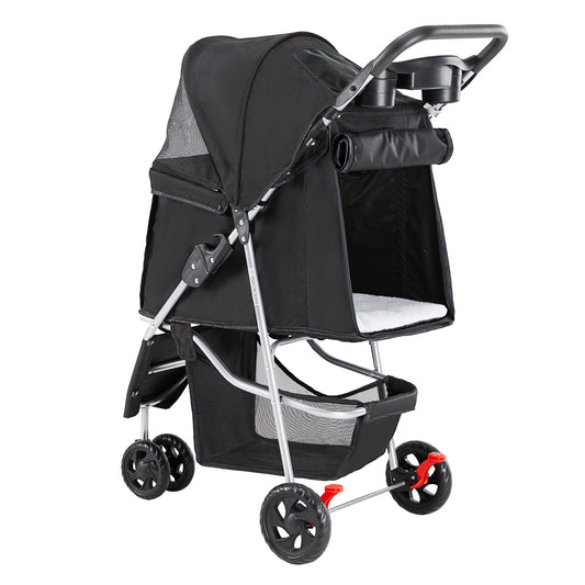 Black foldable dog stroller with aluminum frame, mesh basket, and extended canopy for small to medium pets.