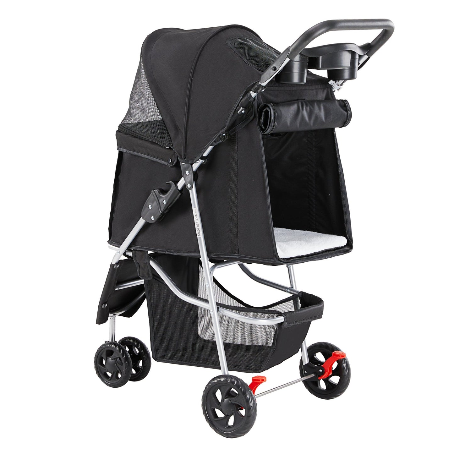 Black foldable dog stroller with aluminum frame, mesh ventilation, and storage basket for small pets.