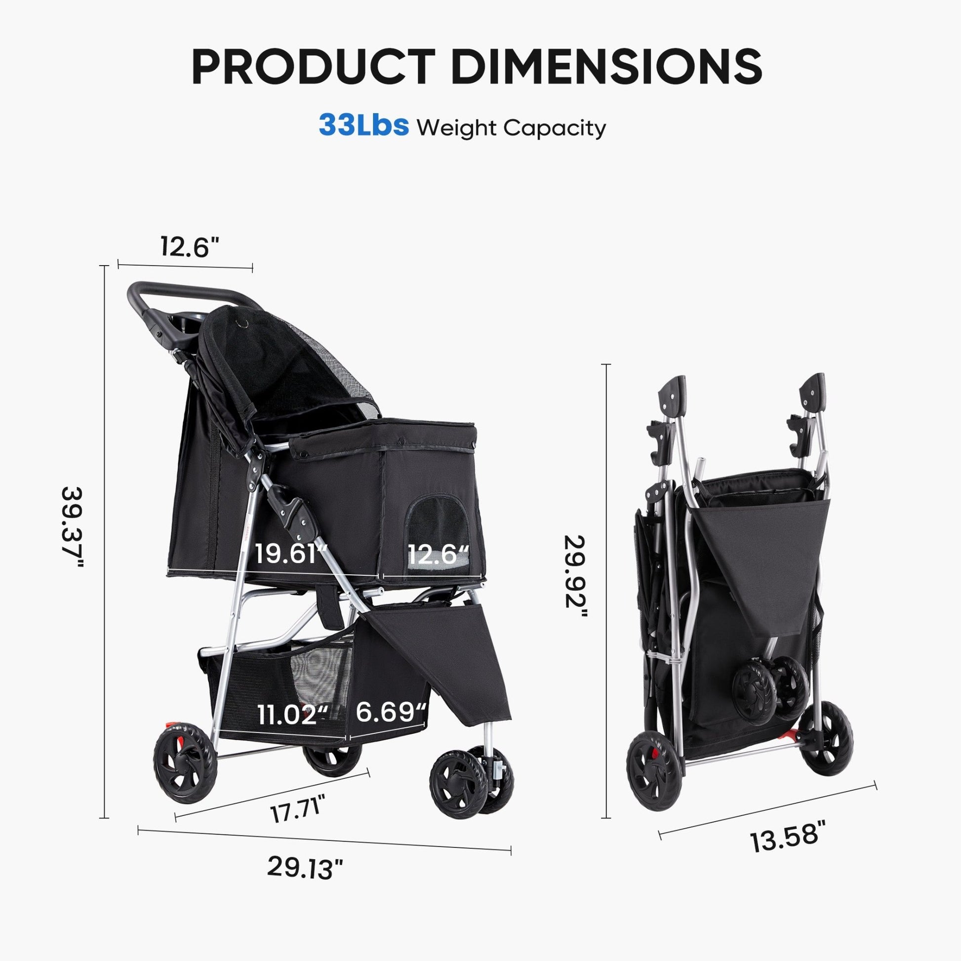 Foldable dog stroller dimensions - expanded and folded views with measurements, 33lbs capacity.