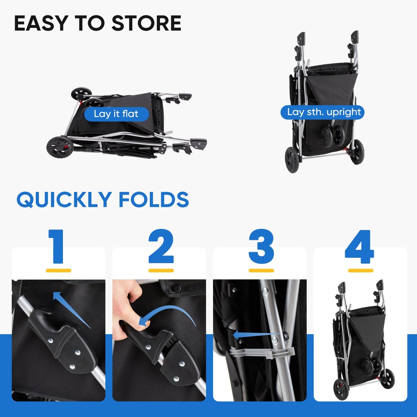 Foldable dog stroller quick fold steps 1-4 storage instructions