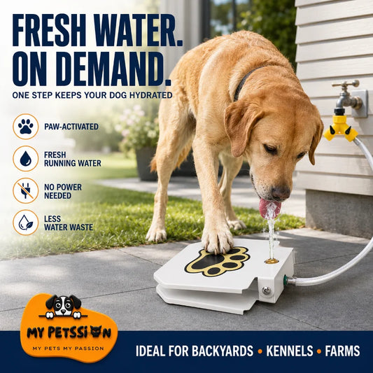My Petssion paw-activated outdoor dog water fountain providing fresh running water on demand in a backyard setting.
