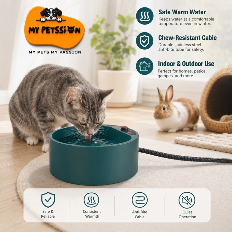 Cat drinking from a pet water bowl with product features highlighted, featuring the brand 'My Petssi'.