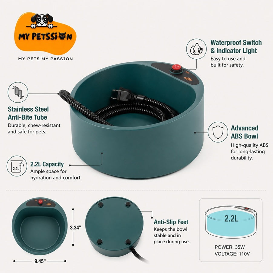 Pet water bowl with features highlighted on a white background