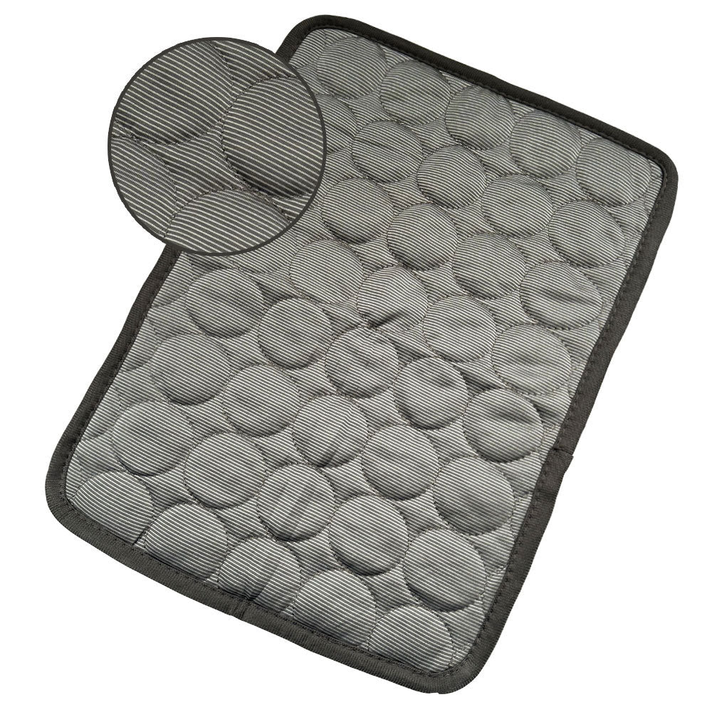 Gray ice silk pet cooling mat with quilted pattern and magnified texture detail showing breathable mesh surface.