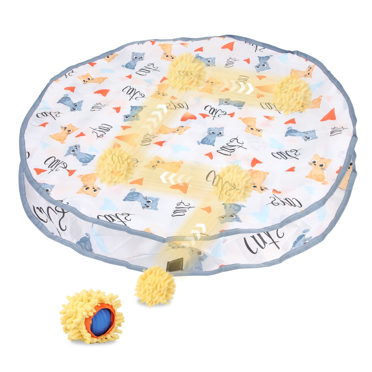 Interactive motion-activated cat toy ball with hide-and-seek storage bag featuring playful cat design.