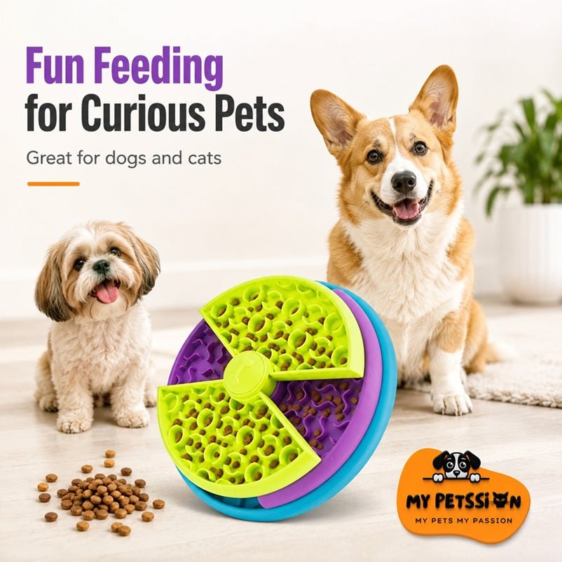 Interactive dog feeder puzzle in lime green, purple, and blue with rotating maze design displayed beside two dogs and scatter