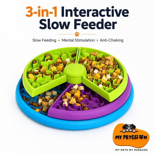 Interactive dog feeder puzzle in green and purple with rotating sections filled with kibble, designed for slow feeding and me