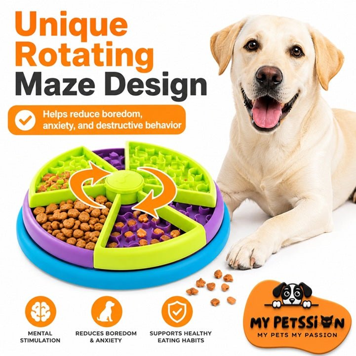 Interactive dog puzzle feeder with rotating maze design in green, purple, and blue, filled with kibble next to happy yellow L