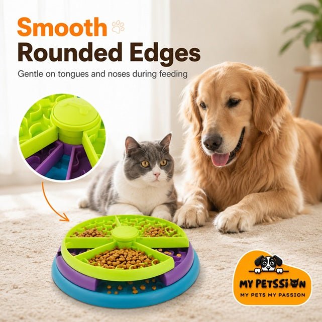 Interactive dog puzzle feeder with smooth rounded edges in lime green, purple, and blue, shown with cat and dog on carpet.
