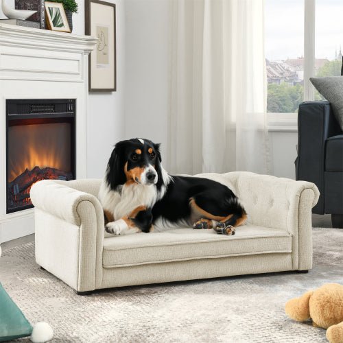 Black and white dog resting on beige plush luxury dog bed with rolled arms in modern living room
