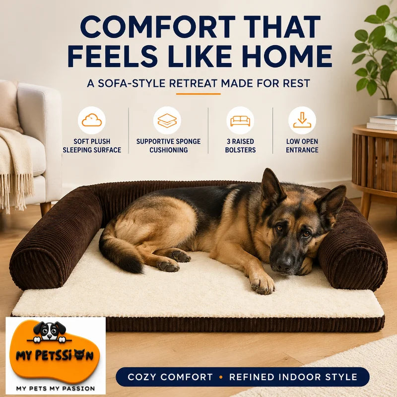 Coffee-brown orthopedic dog sofa bed with a cream plush surface, supportive raised bolsters and low entrance, shown with a German Shepherd.