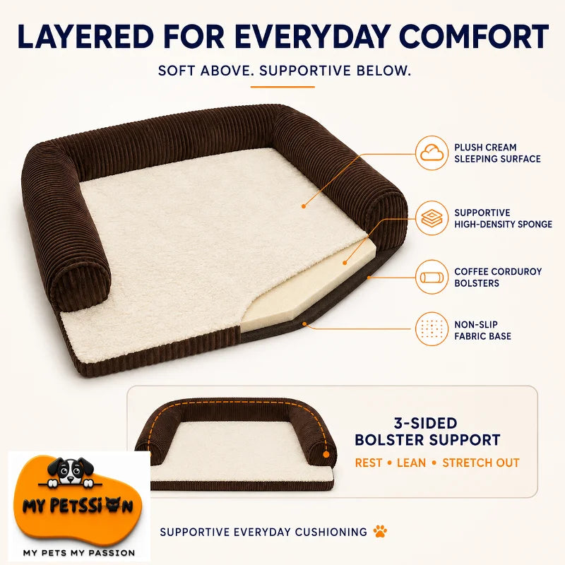 Cutaway view of the My Petssion orthopedic dog bed showing the plush surface, high-density sponge, corduroy bolsters and non-slip base.