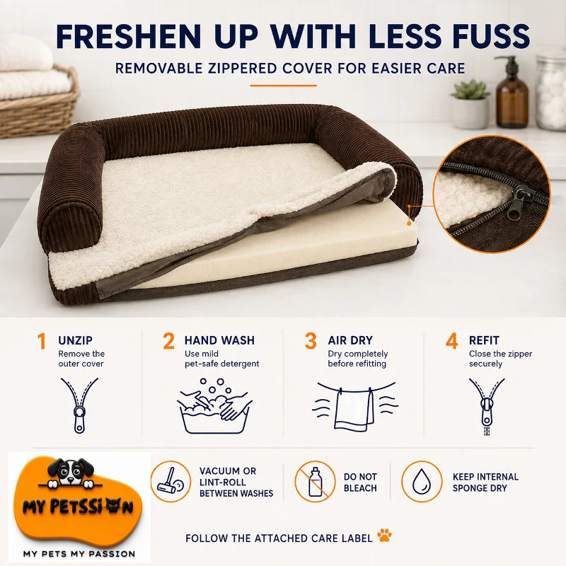 Removable dog bed cover care guide showing four steps: unzip, hand wash, air dry and refit while keeping the internal sponge dry.