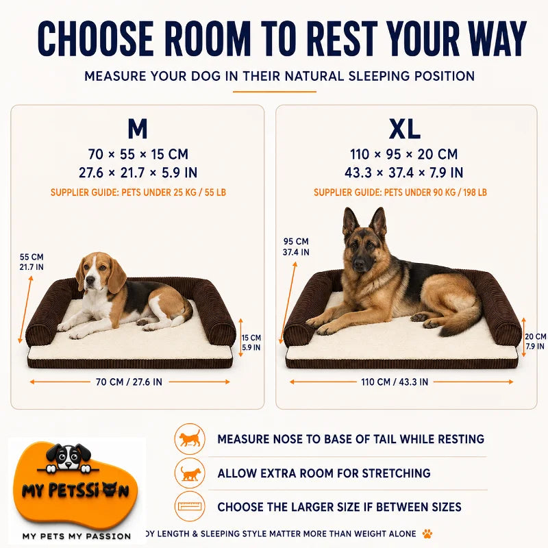 My Petssion dog bed size guide comparing medium 70 × 55 × 15 cm and XL 110 × 95 × 20 cm beds for different dog sizes.