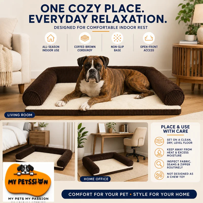 Boxer resting on a coffee-brown orthopedic dog sofa bed suitable for all-season indoor use in living rooms, bedrooms and home offices.