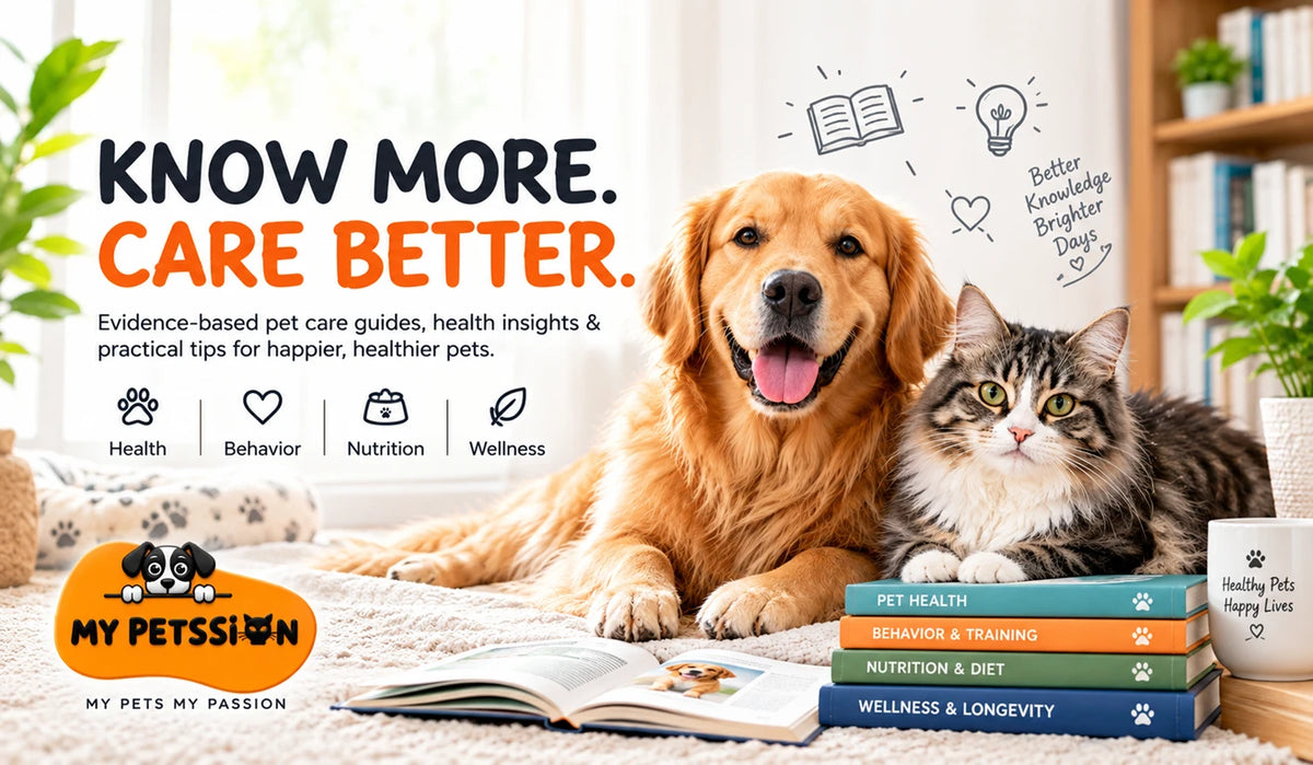 My Petssion pet education banner featuring a golden retriever and cat with pet health books, promoting evidence-based pet care guides, health, behavior, nutrition, and wellness resources.