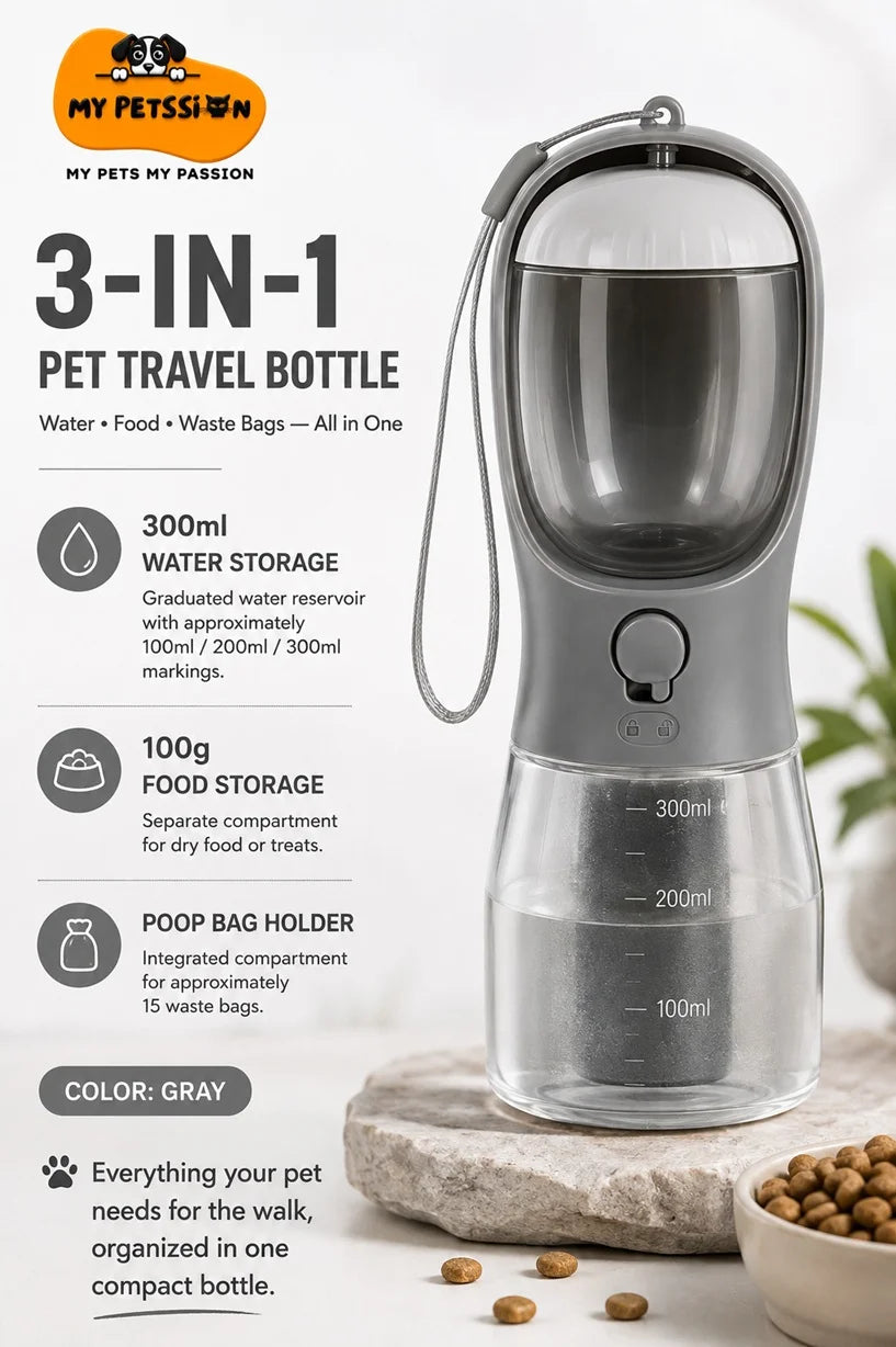 My Petssion 3-in-1 gray pet travel bottle with 300ml water reservoir, food storage, poop bag compartment and wrist strap