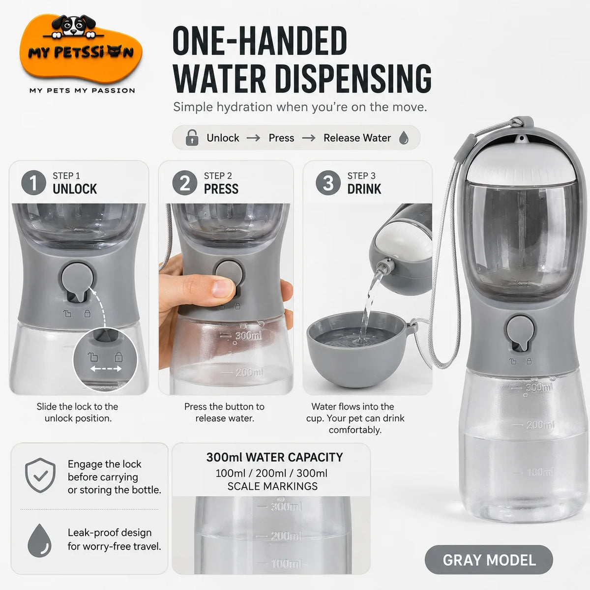 My Petssion gray 3-in-1 pet travel bottle showing one-handed water dispensing steps and 300ml water capacity markings