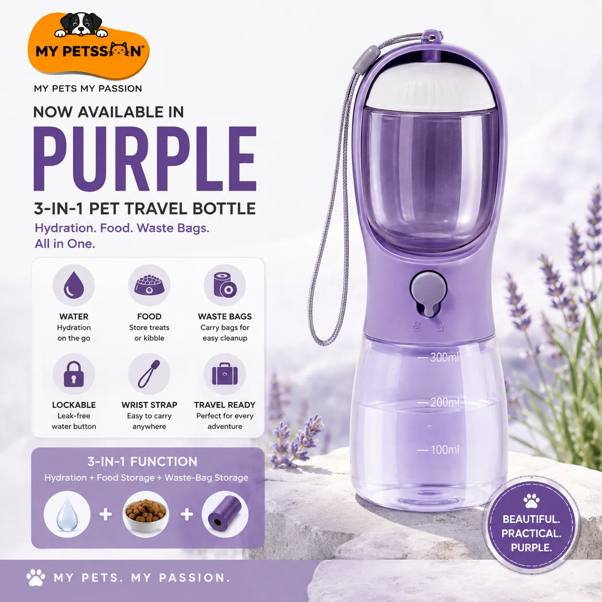 My Petssion purple 3-in-1 pet travel bottle infographic featuring water, food and waste-bag storage, lockable water button, wrist strap and 300ml water capacity.