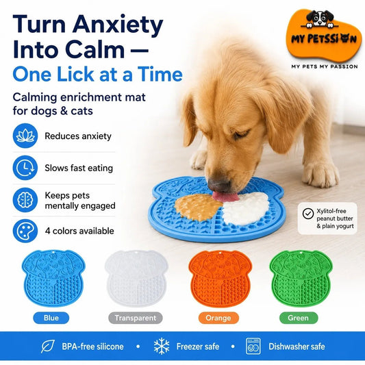 Golden dog licking blue silicone anxiety relief mat with peanut butter and yogurt