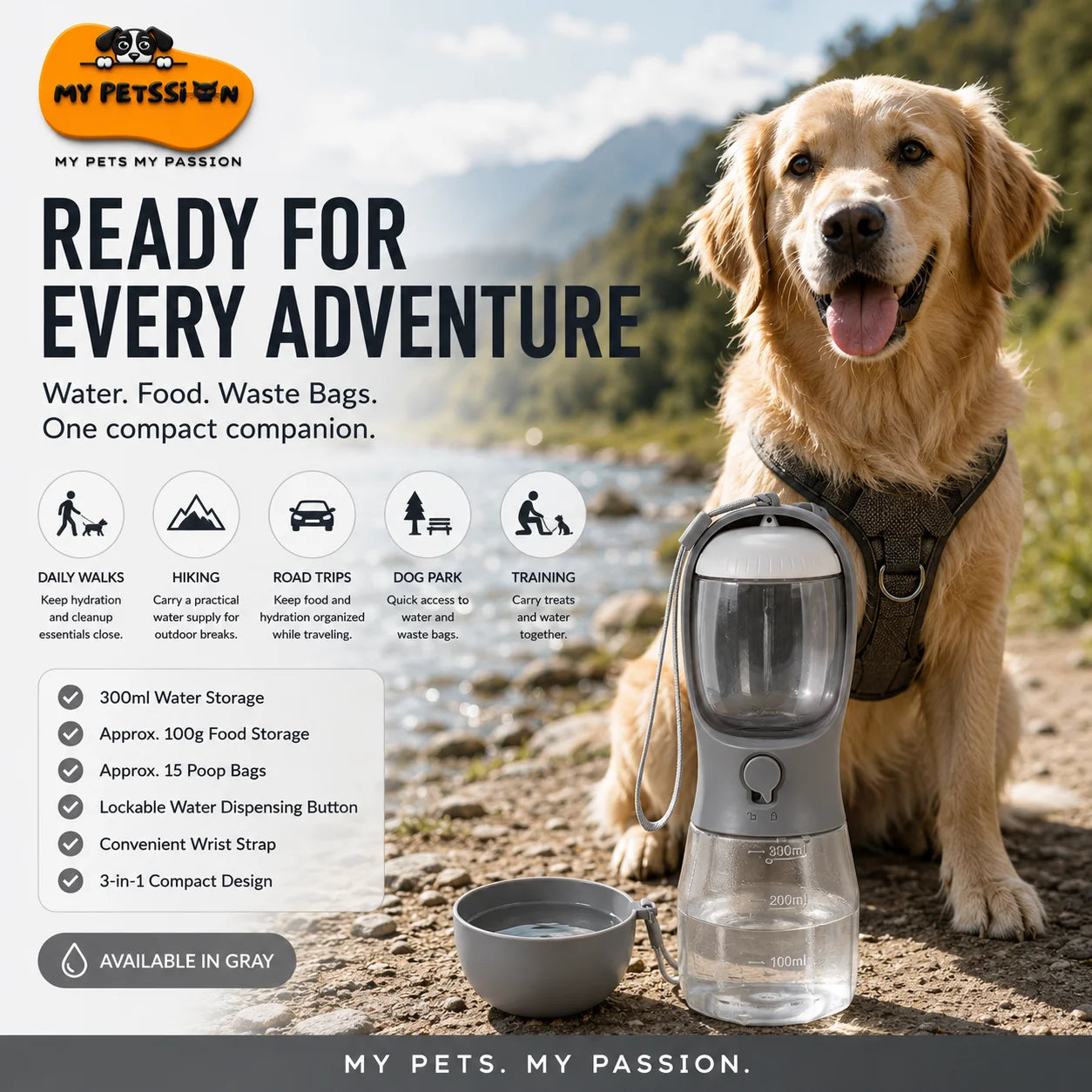 My Petssion gray 3-in-1 pet travel bottle beside a happy golden retriever on a scenic outdoor walking trail, highlighting water, food and waste-bag storage for walks, hiking, road trips, dog parks and training.