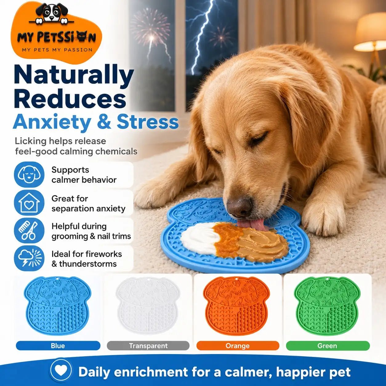 Golden retriever using blue silicone licking mat for anxiety relief during storms