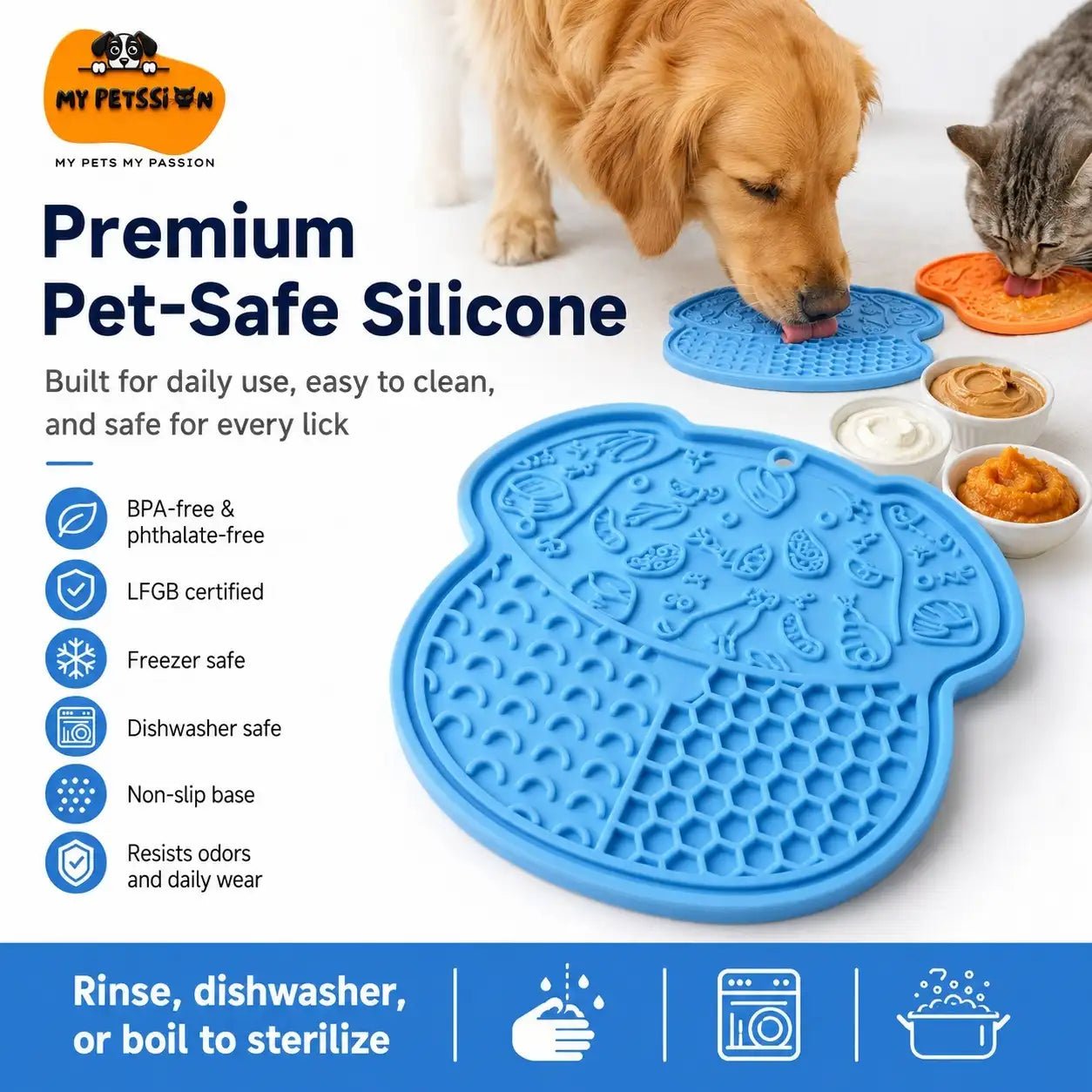 Blue silicone licking mat with dog and cat eating, pet food bowls nearby