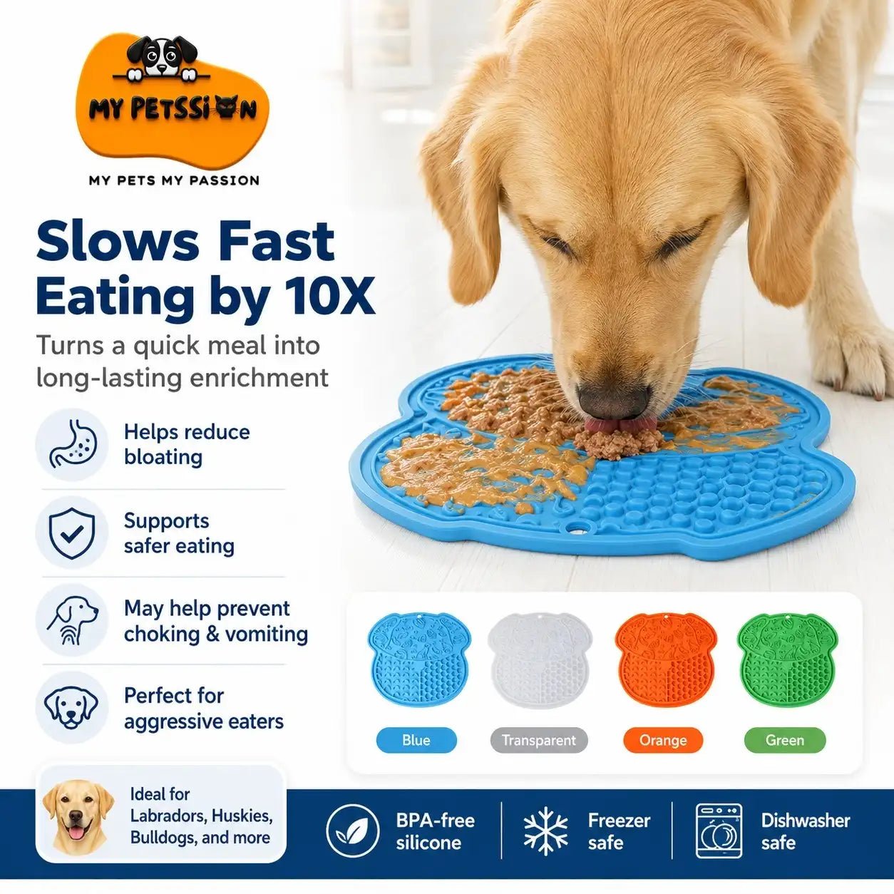 Golden retriever using blue silicone licking mat with textured surface for slow feeding and anxiety relief