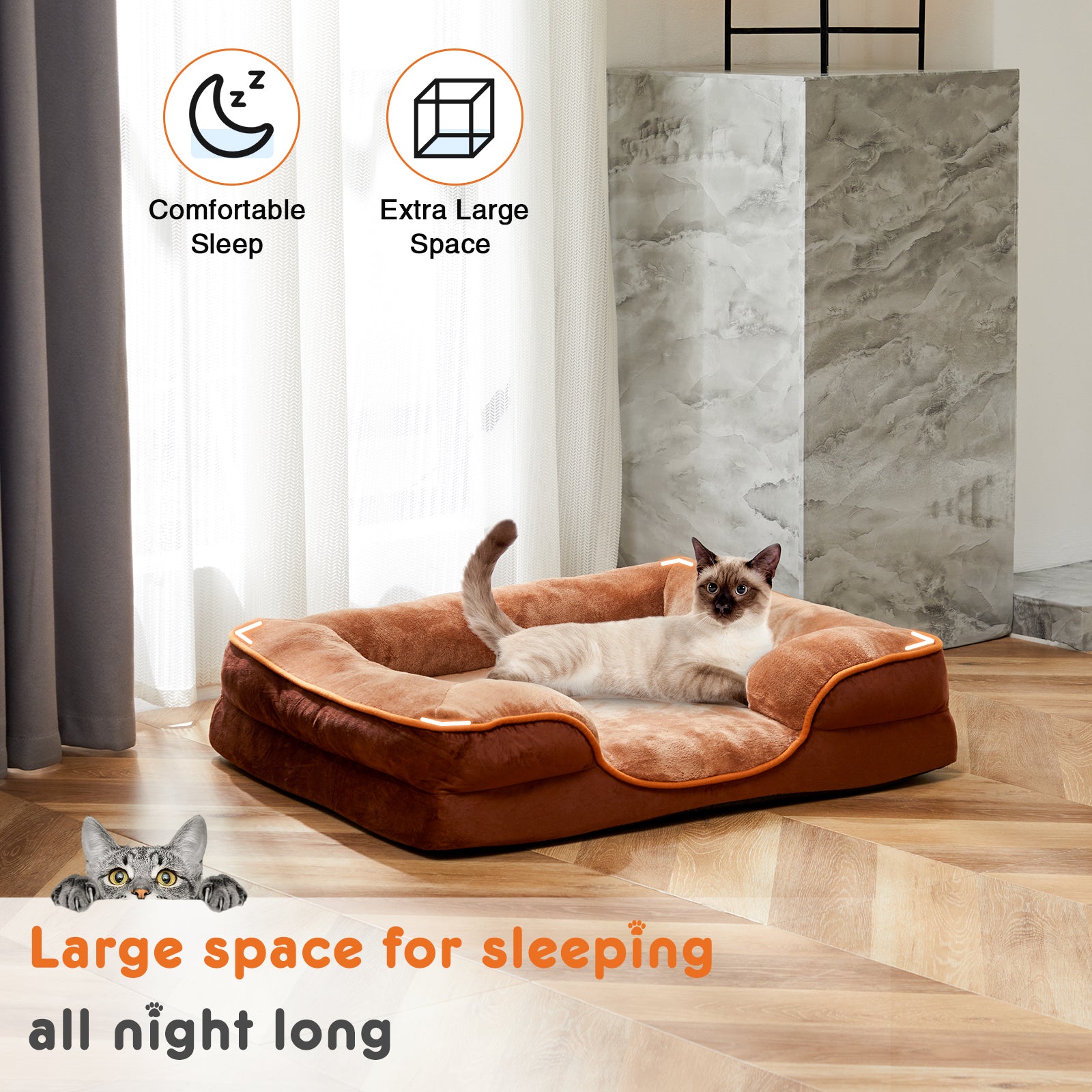 Large orthopedic memory foam dog bed with waterproof cover, tan and brown, extra-large size for comfortable sleeping.