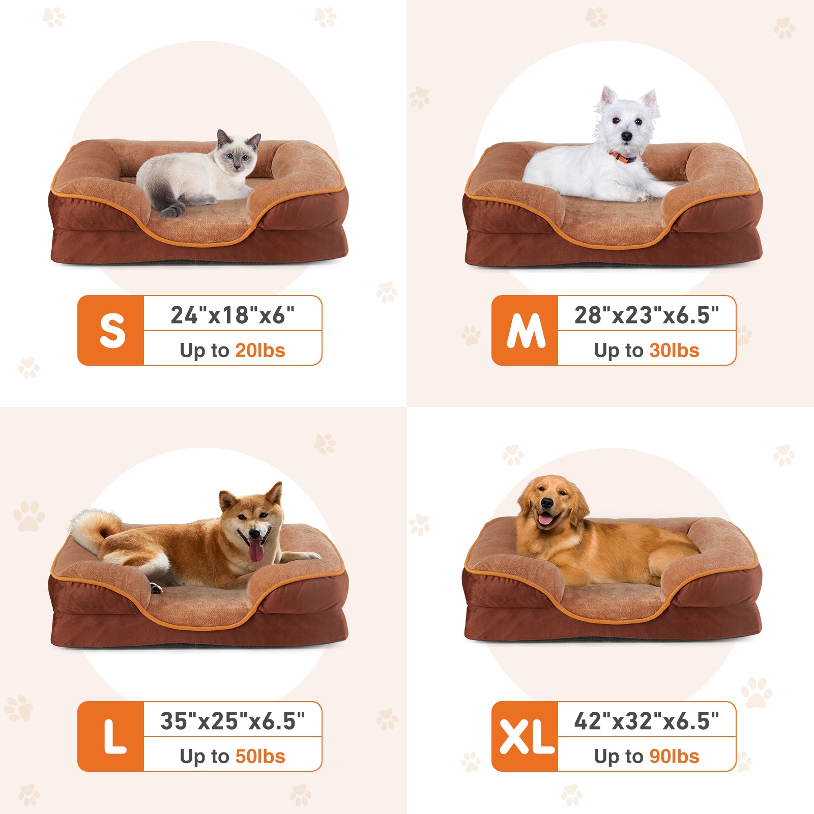 Orthopedic dog bed size guide showing S, M, L, XL beds with weight capacities and pet examples for proper fit selection.