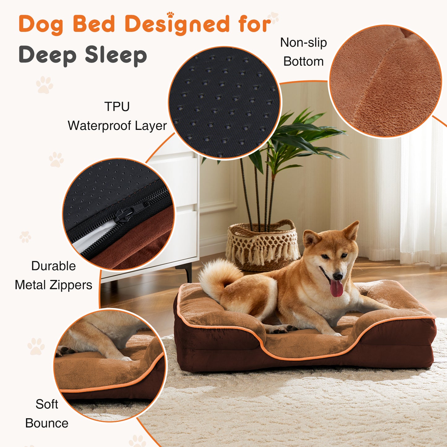 Orthopedic memory foam dog bed with waterproof layer, non-slip bottom, and washable cover shown with resting dog.